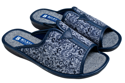 Жіночі відкриті капці БЕЛСТА з світло синього велюру з візерунковим синім принтом - 1